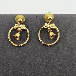 Gold Tone Wreath Bell Stud Dangle Earrings Traditional Christmas Holiday Glam